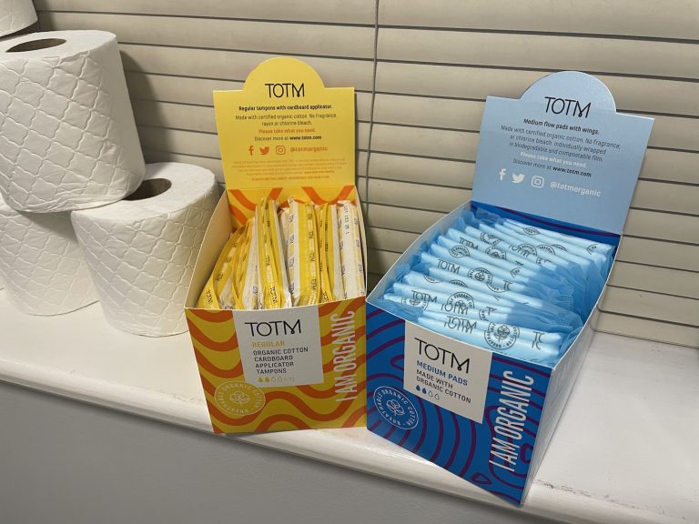 Two boxes of women's sanitary products in the toilets at McPhillips.