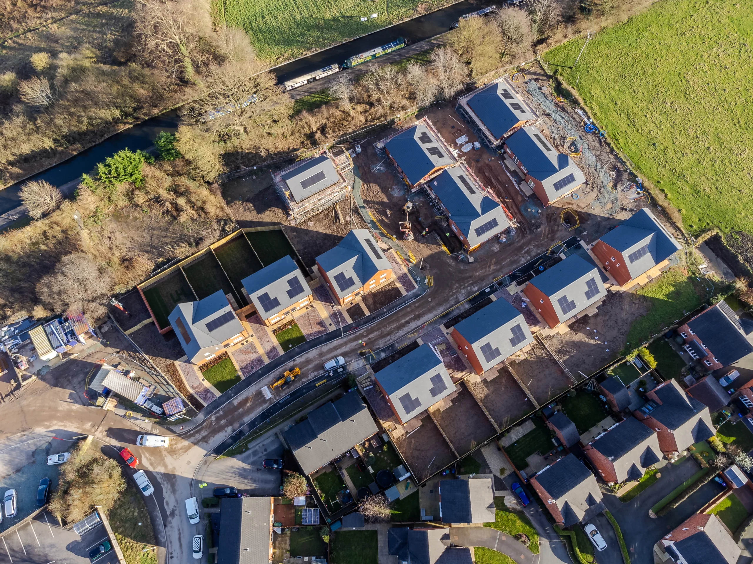 Aerial view of the Ifton Green housing development, solar panels on every roof