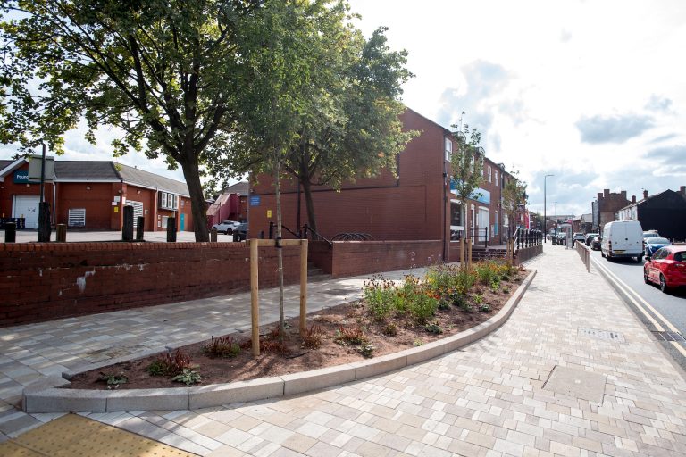 A newly built planting area with trees.